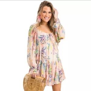 BTFL-life multicolor smocked babydoll mini dress in sherbert metallic dot sz XS